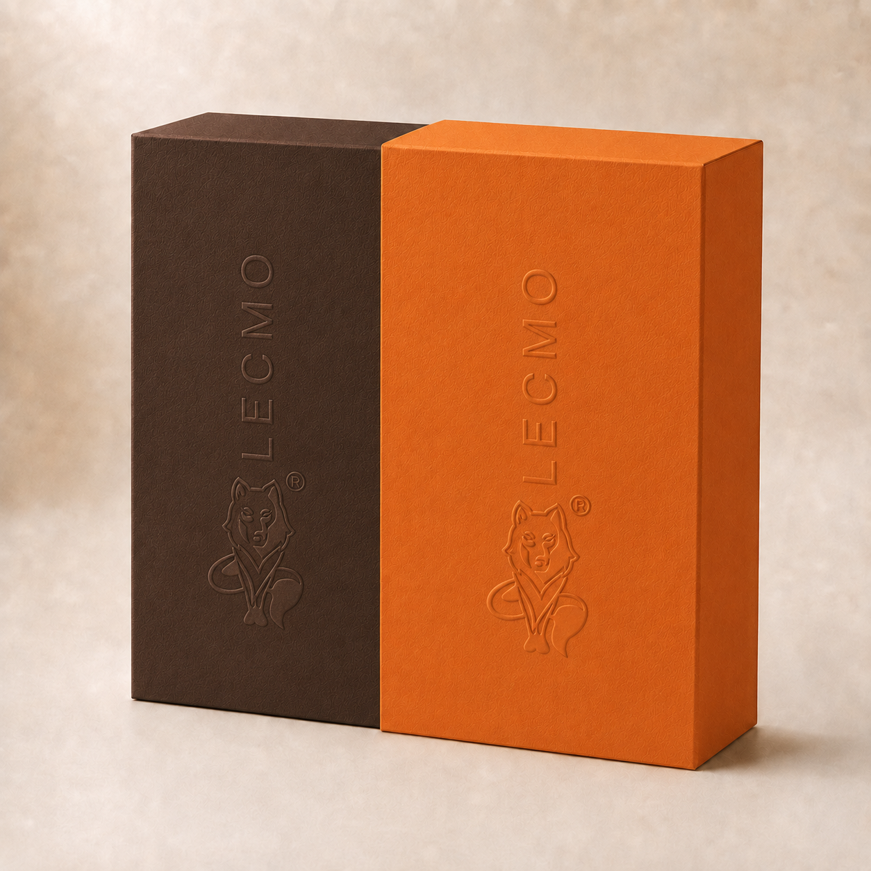 Close detail of LECMO craftsmanship — bottle, cap and packaging